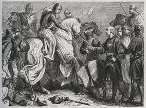 Henryk III (Henry III Plantagenet z Anglii) (1207-1272) zostaje schwytany przez Szymona V z Montfort (ok. 1208-1265) w Lewes w Sussex 1264 - grawerowanie 1864 autorstwa Unknown artist