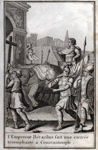Herakliusz I (Flavius Heraklius, Herakleios (ok. 575-610/641), cesarz bizantyjski, triumfalnie wkroczył do Konstantynopola. Wspiął się na rydwan, do którego dosięgły cztery słonie i przyniósł zdobyty Krzyż Prawdziwy (Święty Krzyż). od autorstwa Unknown artist