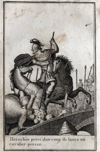Herakliusz I (Flavius Heraklius, Herakleios (około 575-610/641), cesarz bizantyjski, włóczniczy jeźdźca perskiego (wojna z Persami), VII w. Grawer w „Beaute de l