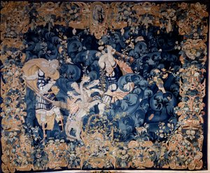 Herkules zestrzeliwujący Hydrę Lerny, która pali swojego sługę Iolausa Gobelin wełną i jedwabiem, anonimowy, koniec XVI wieku. Spójrz, Renesansowe Muzeum Narodowe. autorstwa Unknown artist