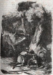 Hermonides przewrócony i uratowany przez Zerbina - 1851 rycina z „” Wściekły Roland”” (Orlando furioso) (XVI w.) Ludovico Ariosto, znanego jako Ariosta - Wydanie przetłumaczone z włoskiego przez hrabiego Tressan i opublikowane przez Gustave Harvard 1851 autorstwa Unknown artist