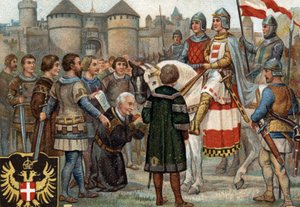 Historyczne epizody słynnych miast: Rudolf Habsburg (Rodolf I Świętego Cesarstwa 1218-1291) objął w posiadanie Wiedeń (1276). Rodolf I był królem Rzymian i przejmując w posiadanie miasto Wiedeń założył potęgę Habsburgów. Chromol autorstwa Unknown artist