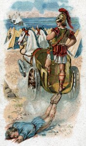 Historia życia Achillesa, legendarni bohaterowie wojny trojańskiej: Achilles osusza ciało Hectora za jego czołgiem. Chromolitografia z 1890 roku. autorstwa Unknown artist