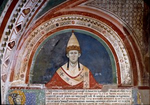 Historia św. Franciszka z Asyżu: przedstawienie papieża Innocenza III, ukazujące bańkę potwierdzającą panowanie franciszkańskie w 1210 r. (fresk) autorstwa Unknown artist