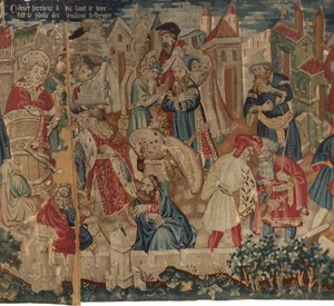 Historia św. Piata i św. Eleutery, scena 4: Hirineus niszczy bożka ludu Tournai autorstwa Unknown artist