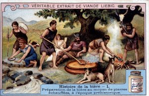 Historia piwa: przygotowanie piwa z ciepłymi kamieniami w czasach prehistorycznych - naklejka reklamowa Liébig¿ autorstwa Unknown artist