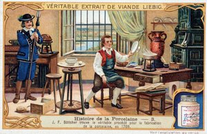 Historia porcelany: Johann Friedrich Bottger (Bottcher lub Bottiger) (1682-1719) znajduje prawdziwą metodę wytwarzania porcelany w 1709 r. - Chromolitografia Liebiga autorstwa Unknown artist