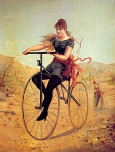 Historia roweru: welocypeda lub kobieta pedałuje na rowerze. Druki z XIX wieku autorstwa Unknown artist