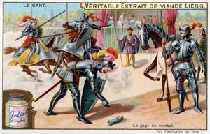 Historia rękawicy: rzucanie rękawicą, przysięga bitwy w turniejach rycerskich - chromolitografia Liebiga autorstwa Unknown artist
