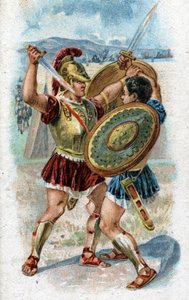 Historia życia Achillesa, legendarnych bohaterów wojny trojańskiej: Achilles walczący z Hektorem, by pomścić śmierć Patroklesa. Chromolitografia z 1890 roku. autorstwa Unknown artist