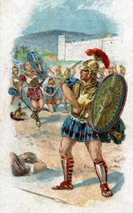 Historia życia Achillesa, legendarnych bohaterów wojny trojańskiej: Patroklus dostaje od Achillesa pozwolenie na ratowanie Greków niosąc swoją broń. Zabije go Hector, który zabiera broń Achillesa jako łup. Chromolitografia z 1890 roku. autorstwa Unknown artist