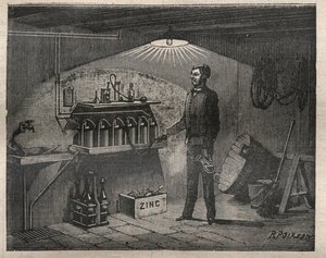 Home Electricite: Instalacja baterii wynalezionej przez Radigueta w piwnicy - Grawerowanie w „La Science francaise” autorstwa Unknown artist