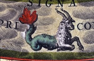 Horoskop: znak zodiaku, Koziorożec. Grawerowanie z XVI wieku. autorstwa Unknown artist