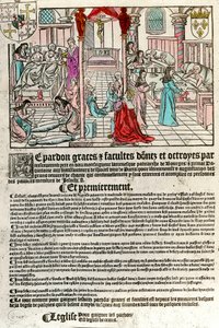 Szpital w XVI wieku: List odpustowy (z prawej: scena szpitalna. Agauche: konający i martwi). Rycina z XVI wieku. Prywatna kolekcja. autorstwa Unknown artist