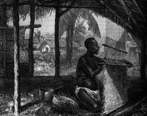 Ludzkie Zoo: tkacz zmiękczył Gabon na Wystawie Światowej w 1889 r. Grawer w „”Le Journal de la jeunesse”” autorstwa Unknown artist