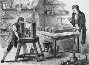 Humphry Davy rozkłada zasady za pomocą baterii galwanicznej. W „Albumie nauki”, Éditions Jouvet autorstwa Unknown artist