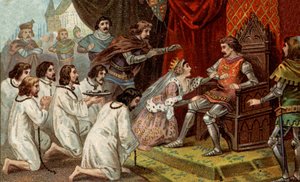 Wojna stuletnia. Burżuazja z Calais: oddanie Eustachego św. Piotra i jego towarzyszy królowi Anglii Edwardowi III błaga o ich łaskę, wspieraną przez królową Filippę z Hainaut (1311-1369). Chromolitografia z końca XIX wieku. autorstwa Unknown artist