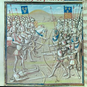 Wojna stuletnia: bitwa pod Crecy 26.08.1346 pomiędzy Francuzami i Anglikami. Miniatura z XIV-wiecznego rękopisu Paryż, Bibliotheque de l
