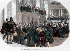 Rewolucja węgierska 1848: Pierwsze posiedzenie Zgromadzenia Narodowego na Węgrzech 5 lipca 1848 r. Grawer w „Hungary History by J. Boldenyi Paris 1853”” autorstwa Unknown artist
