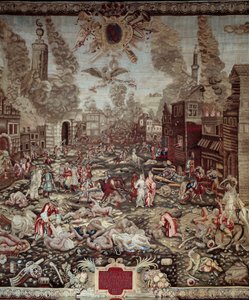 Podbój Węgier: „”Austriacy odbierają Budę Turkom Osmańskim w dniu 02/09/1686”” Buda jest częścią dzisiejszego Budapesztu. Watażkami są Karol V z Lotaryngii i Miksa Emanuel II. Sceny przemocy, pożary domów. Szczegół gobelinu. XVII w autorstwa Unknown artist