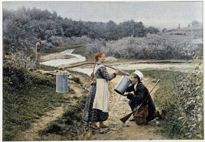 Myśliwy i dziewczyna przy fontannie (Rosja) - fotografia, koniec XIX wieku autorstwa Unknown artist