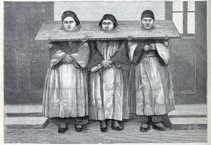 Polowanie w Chinach: kanga, aparat udręki (rodzaj pręgierza) dotyczy matek dzieciobójców. Grawerowanie w „”La Nature”” autorstwa Unknown artist