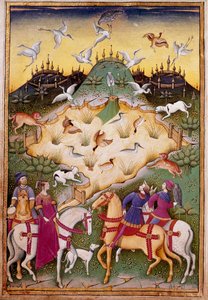 Scena myśliwska z jastrzębiami Miniatura z „”Leats sokolnictwo i venerie z mottem i godłem księcia Sforza” 1459 (ms. 1375) Chantilly, Musee Conde autorstwa Unknown artist