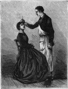 Zjawiska hipnozy: Hipnoza wywołana mocowaniem uchwytu do ołówka między oczami. Grawerowanie z 1881 roku. autorstwa Unknown artist