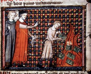 Obrazoburcy wrzucający do ognia miniaturowe rękopisy. Rękopis z XIV wieku. autorstwa Unknown artist