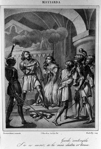 Ilustracja do ostatniej sceny aktu V „Ricciardy” włoskiego poety i dramaturga Ugo Foscolo (1778-1827) XIX w. autorstwa Unknown artist