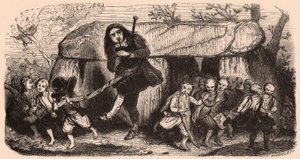 Ilustracja legendy nawiązującej do tradycji bretońskich: laotański dudziarz i gobliny tańczące przed dolmenem autorstwa Unknown