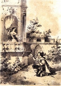Ilustracja do piosenki „The King make the drum beat””: mężczyzna wyznający miłość kobiecie przy swoim oknie. sd. autorstwa Unknown artist