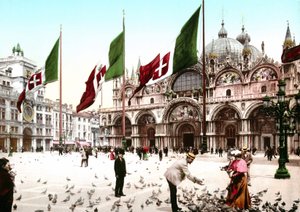 Ilustracja przedstawiająca Plac Świętego Marka w Wenecji. Fotochrom z końca XIX wieku. autorstwa Unknown artist