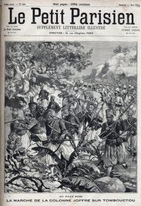 W koloniach francuskich: przemarsz kolumny generała Josepha Joffre (1852-1931) i jego armii spahisów na Timbuktu (Mali). Grawerowanie w „”Le Parisien”” autorstwa Unknown artist