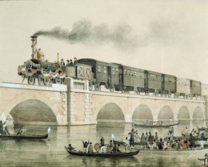 Inauguracja mostu nad laguną wenecką, aby połączyć miasto z kontynentem (litografia autorstwa Unknown artist