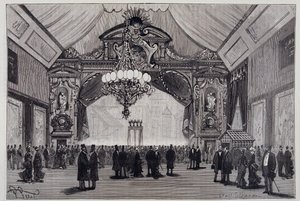 Oświetlenie żarowe na Wystawie Elektryków: żyrandol Werdermann w sali teatralnej - w „Nature” autorstwa Unknown artist