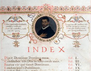 Strona indeksu z portretem Giovanniego Giacomo Gastoldi autorstwa Unknown artist