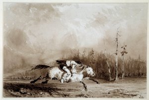 Indianin z Ameryki: „” Koń galopujący niosący związanego mężczyznę”” Anonimowy rysunek. XIX-wieczna La Rochelle, Musee du Nouveau Monde autorstwa Unknown artist