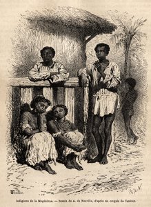 Rdzenni mieszkańcy Magdaleny (rzeki), na ulicach miasta Mompox (Kolumbia). Rycina ilustrująca podróż do Nowej Granady, autorstwa dr Saffray, w 1869, opublikowana w „Le tour du monde”” 1872, pod redakcją Edouarda Chartona, wydanie Hachette, autorstwa Unknown artist