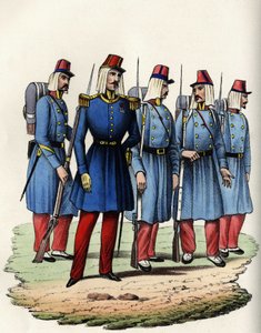 Piechota francuskiej armii Afryki; oficer, podoficer i żołnierze w Algierii w 1830 r. W „”Storia d