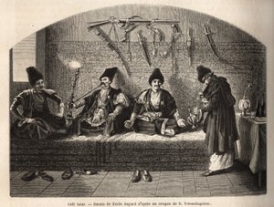 Wewnątrz tatarskiej kawiarni w Schoucha (Zakaukazie, Rosja), gdzie mężczyźni spotykają się, by napić się herbaty i zapalić sziszę. Rycina ilustrująca podróż po prowincjach Kaukazu, autorstwa Bazylego Vereschaguine