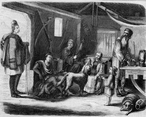 Wnętrze serbskiego domu chłopskiego w okolicach Belgradu w 1859 roku. autorstwa Unknown artist