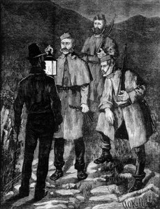 Irlandzki patrol policyjny kontrolujący podejrzanego (1881). autorstwa Unknown artist