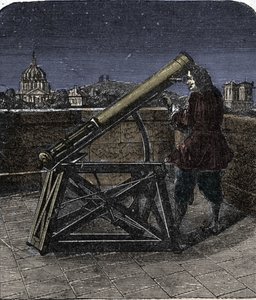 Isaac Newton (1642-1727) Angielski fizyk używający swojego teleskopu. autorstwa Unknown artist