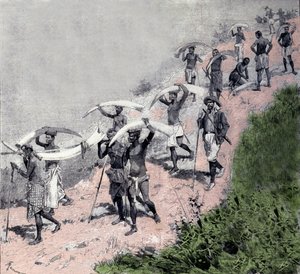 Handel kością słoniową: karawana kongijskich tragarzy nosi obronę słoni. Rycina XIX wieku autorstwa Unknown artist