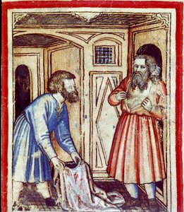 Jakub dowiaduje się o śmierci swojego syna Józefa, sprzedanego przez braci Egipcjanom Miniatura z kodeksu 212 (lub kodeksu padovano lub Biblii z Padwy) 1390-1400 Rovigo, Accademia dei Concordi autorstwa Unknown artist