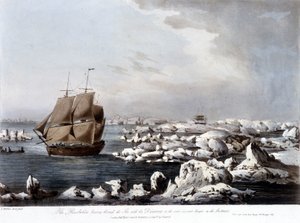 Rejsy Jamesa Cooka: na pierwszym planie łódź Postanowień, a w tle Odkrycie złapane w lodzie - w „Ostatni rejs kapitana Cooka”, tom. III. autorstwa Unknown artist