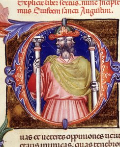 Janus, rzymskie bóstwo, dwie przeciwstawne twarze - z rękopisu „De civitate dei” św. Augustyna, początek XV wieku. Biblia Miejska z Rimini. autorstwa Unknown artist