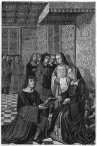 Jean Marot, poeta (1463-1526), ofiarowując tomik poezji królowej Annie Francji. Rycina XIX wieku. autorstwa Unknown artist