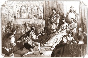 Jean Nicot przedstawiający tytoń Katarzynie Medycejskiej (Caterina de Medici) i Wielkiemu Przeorowi Domu Lotaryńskiego. Litografia z XVI wieku około 1868 roku. autorstwa Unknown artist